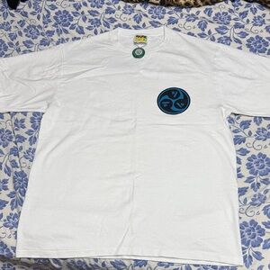 Bape White Short Sleeve Tee with Blue Circular Logo